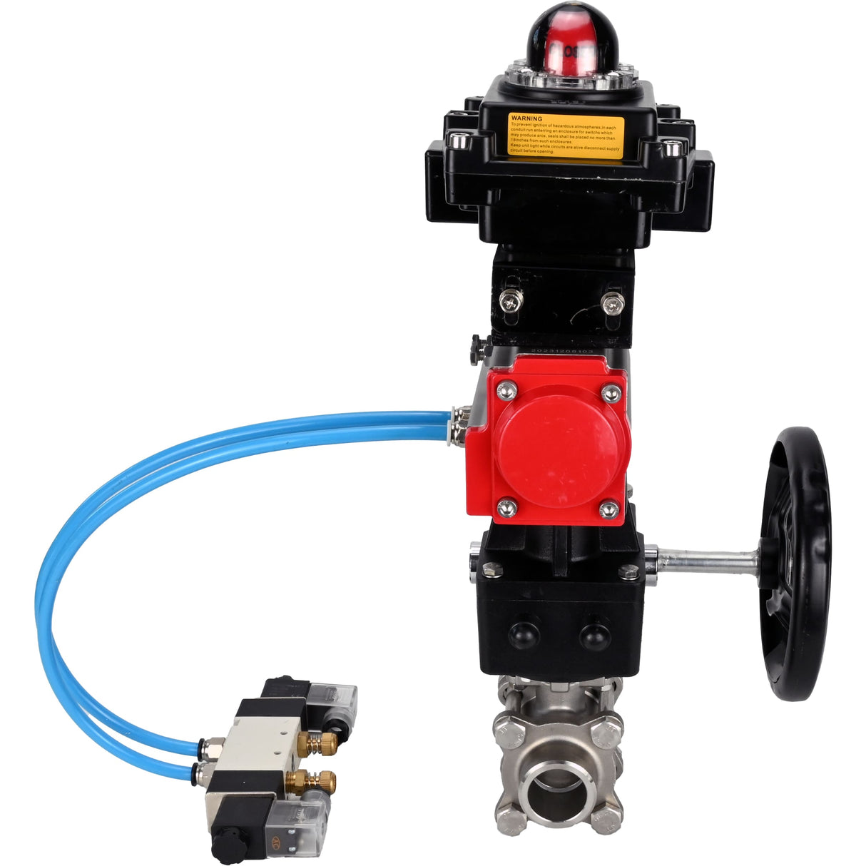 Kugelhähne Elephant BV3232P(3pc)-FP-W-ISO-H DN10-50 16 bar/40, Vollbohrung zum Schweißen, Edelstahl SS316, PTFE, mit doppeltwirkendem PA-DA Pneumatik-Antrieb, mit Pneumatikverteiler 4V320-08 220V, mit LSU APL-410N EX, mit manuellem Doubler MON1-250-T