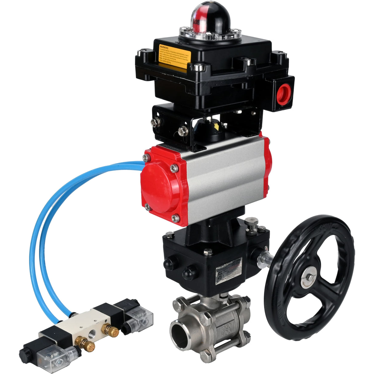 Kugelhähne Elephant BV3232P(3pc)-FP-W-ISO-H DN10-50 16 bar/40, Vollbohrung zum Schweißen, Edelstahl SS316, PTFE, mit doppeltwirkendem PA-DA Pneumatik-Antrieb, mit Pneumatikverteiler 4V320-08 220V, mit LSU APL-410N EX, mit manuellem Doubler MON1-250-T