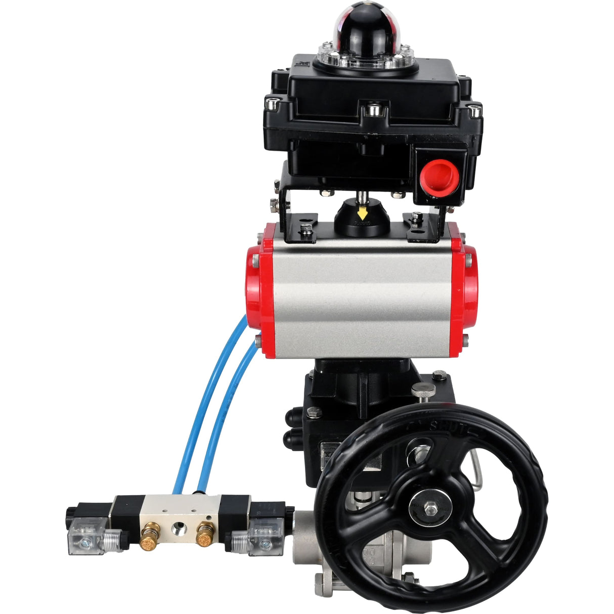 Kugelhähne Elephant BV3232P(3pc)-FP-W-ISO-H DN10-50 16 bar/40, Vollbohrung zum Schweißen, Edelstahl SS316, PTFE, mit doppeltwirkendem PA-DA Pneumatik-Antrieb, mit Pneumatikverteiler 4V320-08 220V, mit LSU APL-410N EX, mit manuellem Doubler MON1-250-T