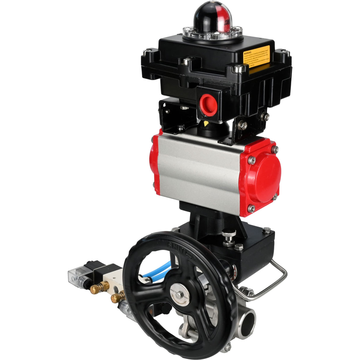 Kugelhähne Elephant BV3232P(3pc)-FP-W-ISO-H DN10-50 16 bar/40, Vollbohrung zum Schweißen, Edelstahl SS316, PTFE, mit doppeltwirkendem PA-DA Pneumatik-Antrieb, mit Pneumatikverteiler 4V320-08 220V, mit LSU APL-410N EX, mit manuellem Doubler MON1-250-T