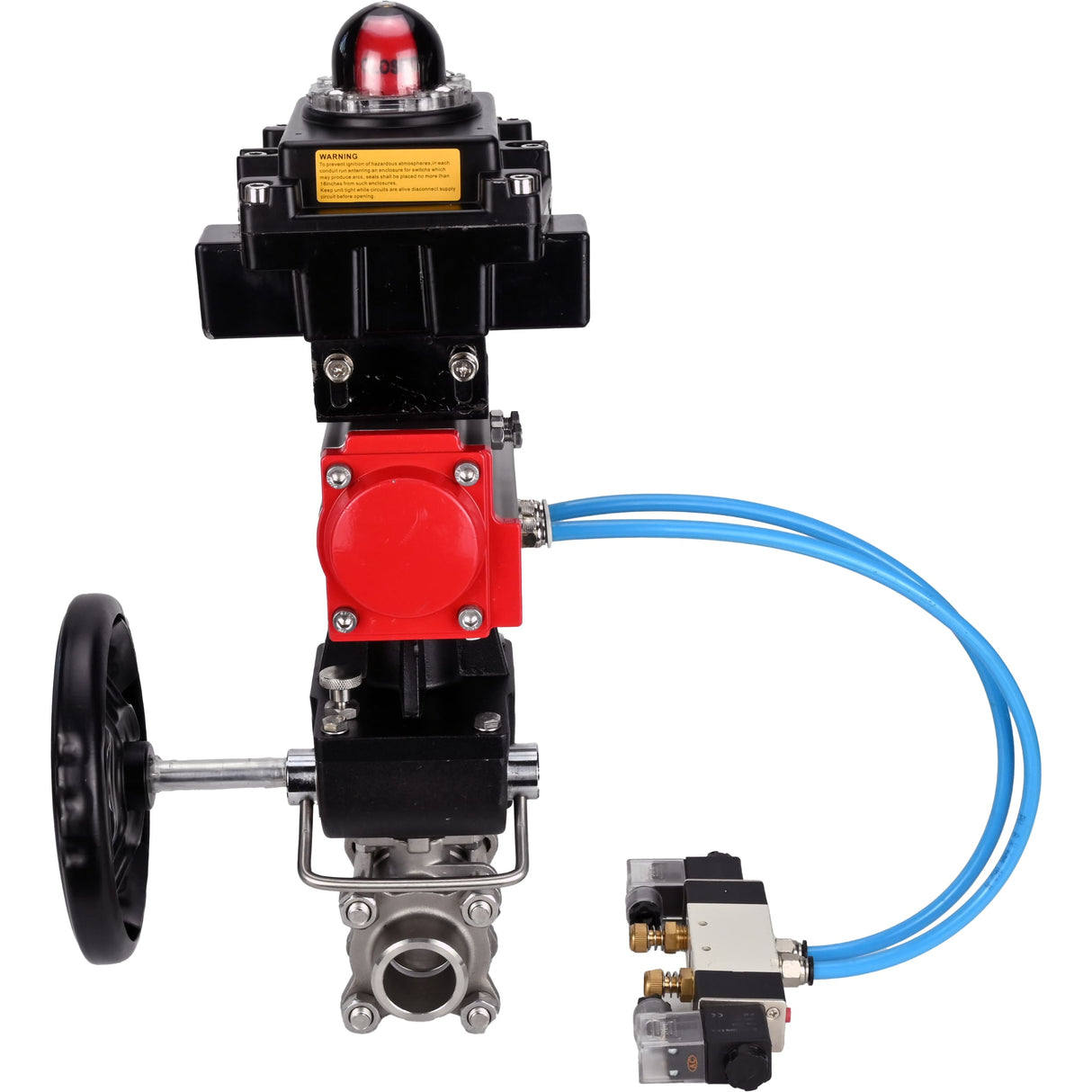 Kugelhähne Elephant BV3232P(3pc)-FP-W-ISO-H DN10-50 16 bar/40, Vollbohrung zum Schweißen, Edelstahl SS316, PTFE, mit doppeltwirkendem PA-DA Pneumatik-Antrieb, mit Pneumatikverteiler 4V320-08 220V, mit LSU APL-410N EX, mit manuellem Doubler MON1-250-T