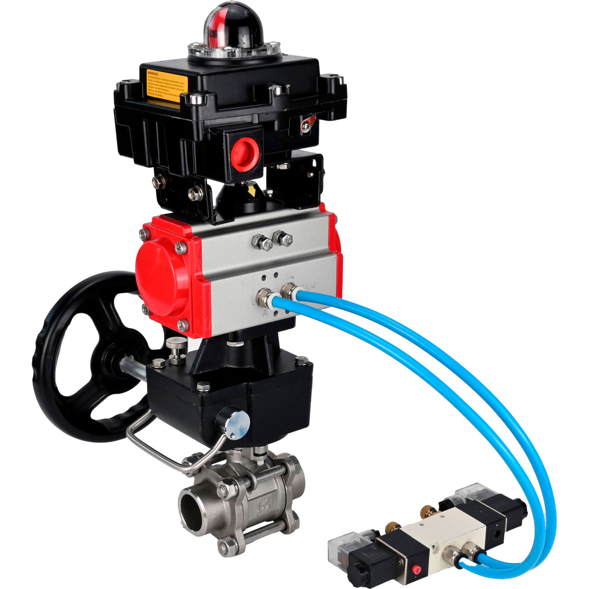 Kugelhähne Elephant BV3232P(3pc)-FP-W-ISO-H DN10-50 16 bar/40, Vollbohrung zum Schweißen, Edelstahl SS316, PTFE, mit doppeltwirkendem PA-DA Pneumatik-Antrieb, mit Pneumatikverteiler 4V320-08 220V, mit LSU APL-410N EX, mit manuellem Doubler MON1-250-T