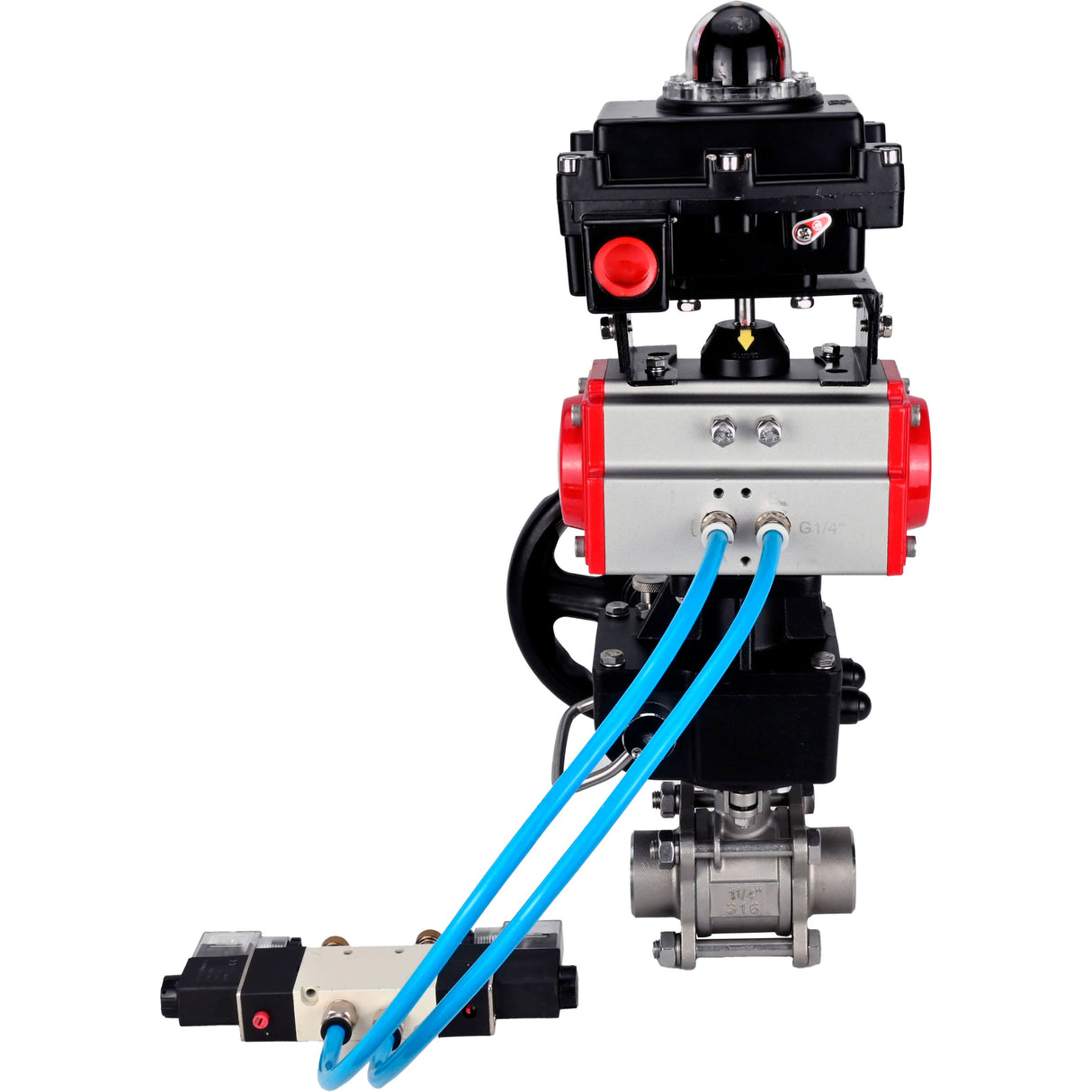 Kugelhähne Elephant BV3232P(3pc)-FP-W-ISO-H DN10-50 16 bar/40, Vollbohrung zum Schweißen, Edelstahl SS316, PTFE, mit doppeltwirkendem PA-DA Pneumatik-Antrieb, mit Pneumatikverteiler 4V320-08 220V, mit LSU APL-410N EX, mit manuellem Doubler MON1-250-T