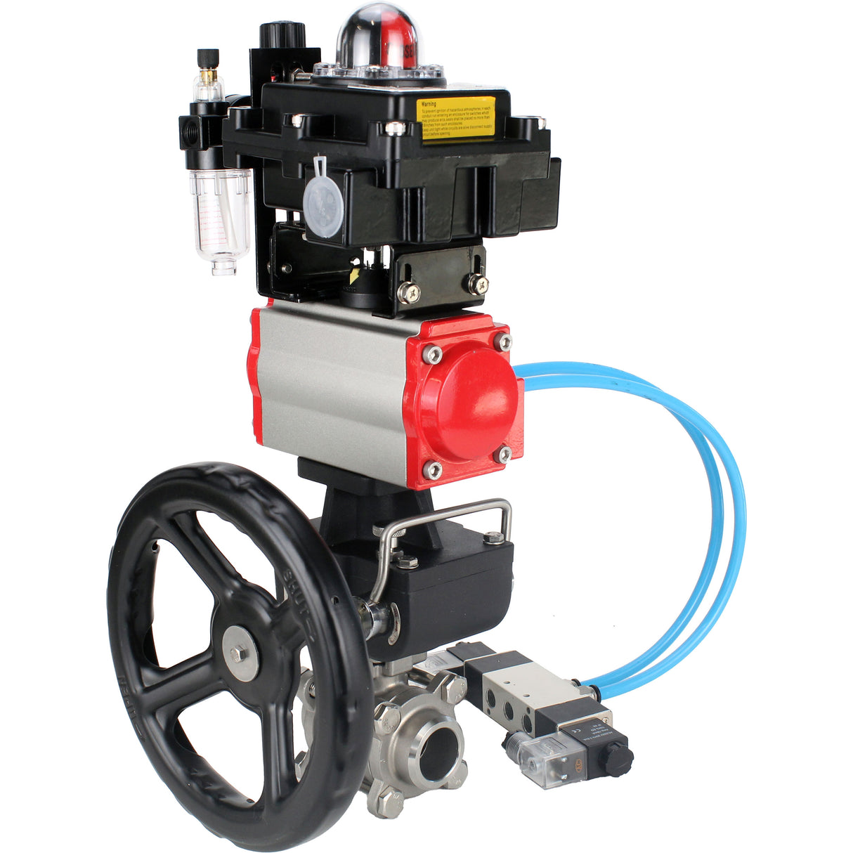 Ball valves Elephant BV3232P(3pc)-FP-W-ISO-H DN10-50 16 bar/40, full bore for welding, stainless steel SS316, PTFE, with pneumatic drive PA-DA, with pneumatic distributor 4V320-08 220V, with LSU APL- 410N EX, manual Doubler MON1-250-T26-ISO, with ATU AFC2