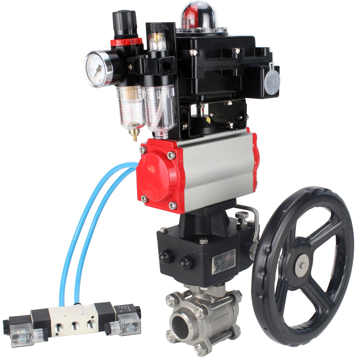 Kugelhähne Elephant BV3232P(3pc)-FP-W-ISO-H, Gehäusematerial - Edelstahl AISI 316, Dichtung - PTFE / PTFE / Teflon, mit pneumatischem Doppelwirkungsantrieb PA-DA, 4V320-10 220V, LSU APL-410N Ex, Handrad MON, ATU AFC2000