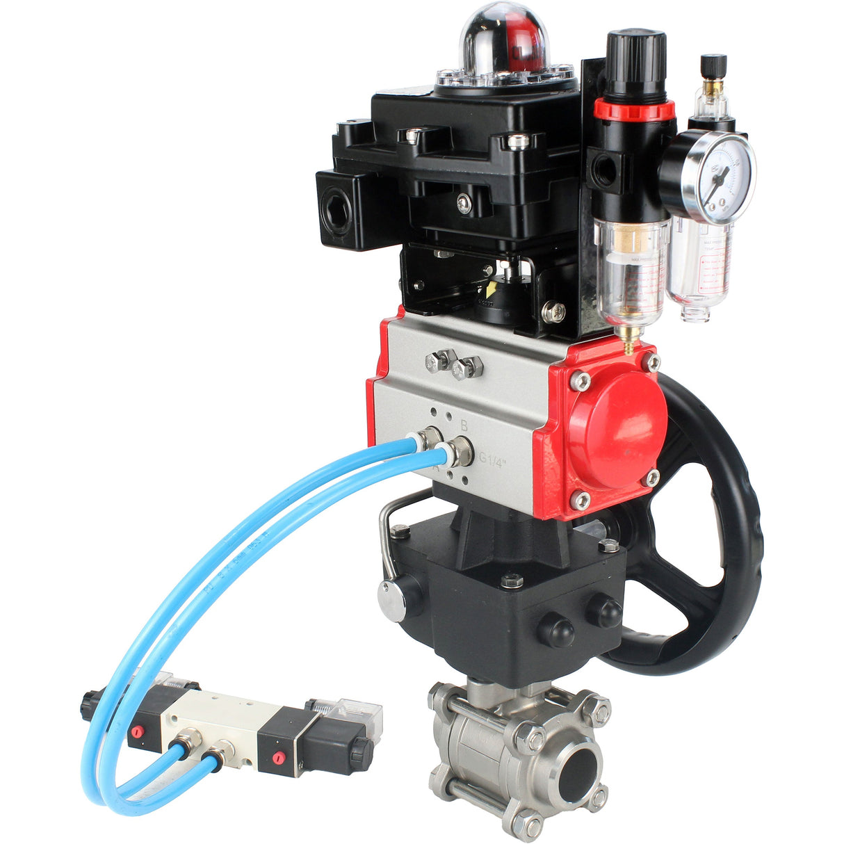 Kugelhähne Elephant BV3232P(3pc)-FP-W-ISO-H, Gehäusematerial - Edelstahl AISI 316, Dichtung - PTFE / PTFE / Teflon, mit pneumatischem Doppelwirkungsantrieb PA-DA, 4V320-10 220V, LSU APL-410N Ex, Handrad MON, ATU AFC2000