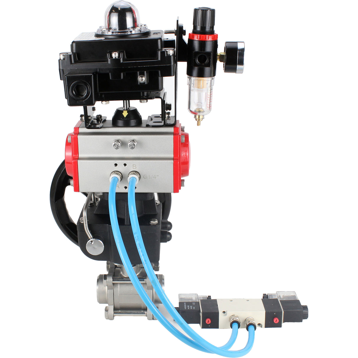 Ball valves Elephant BV3232P(3pc)-FP-W-ISO-H DN10-50 16 bar/40, full bore for welding, stainless steel SS316, PTFE, with pneumatic drive PA-DA, with pneumatic distributor 4V320-08 220V, with LSU APL- 410N EX, manual Doubler MON1-250-T26-ISO, with ATU AFC2