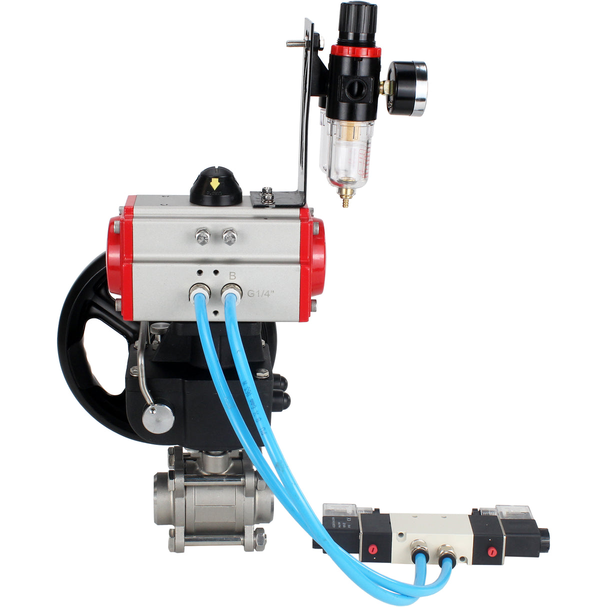 Kugelhähne Elephant BV3232P(3pc)-FP-W-ISO-H DN10-50 16 bar/40, Vollbohrung zum Schweißen, Edelstahl SS316, Dichtung - PTFE, mit doppeltwirkendem PA-DA Pneumatik-Antrieb, mit Pneumatikverteiler 4V320-08 220V, mit manuellem Doubler MON1-250-T26-ISO, mit po