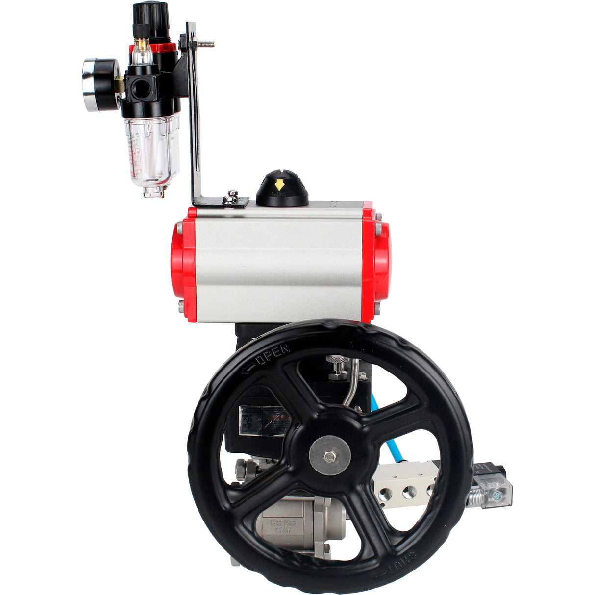 Kugelhähne Elephant BV3232P(3pc)-FP-W-ISO-H DN10-50 16 bar/40, Vollbohrung zum Schweißen, Edelstahl SS316, Dichtung - PTFE, mit doppeltwirkendem PA-DA Pneumatik-Antrieb, mit Pneumatikverteiler 4V320-08 220V, mit manuellem Doubler MON1-250-T26-ISO, mit po