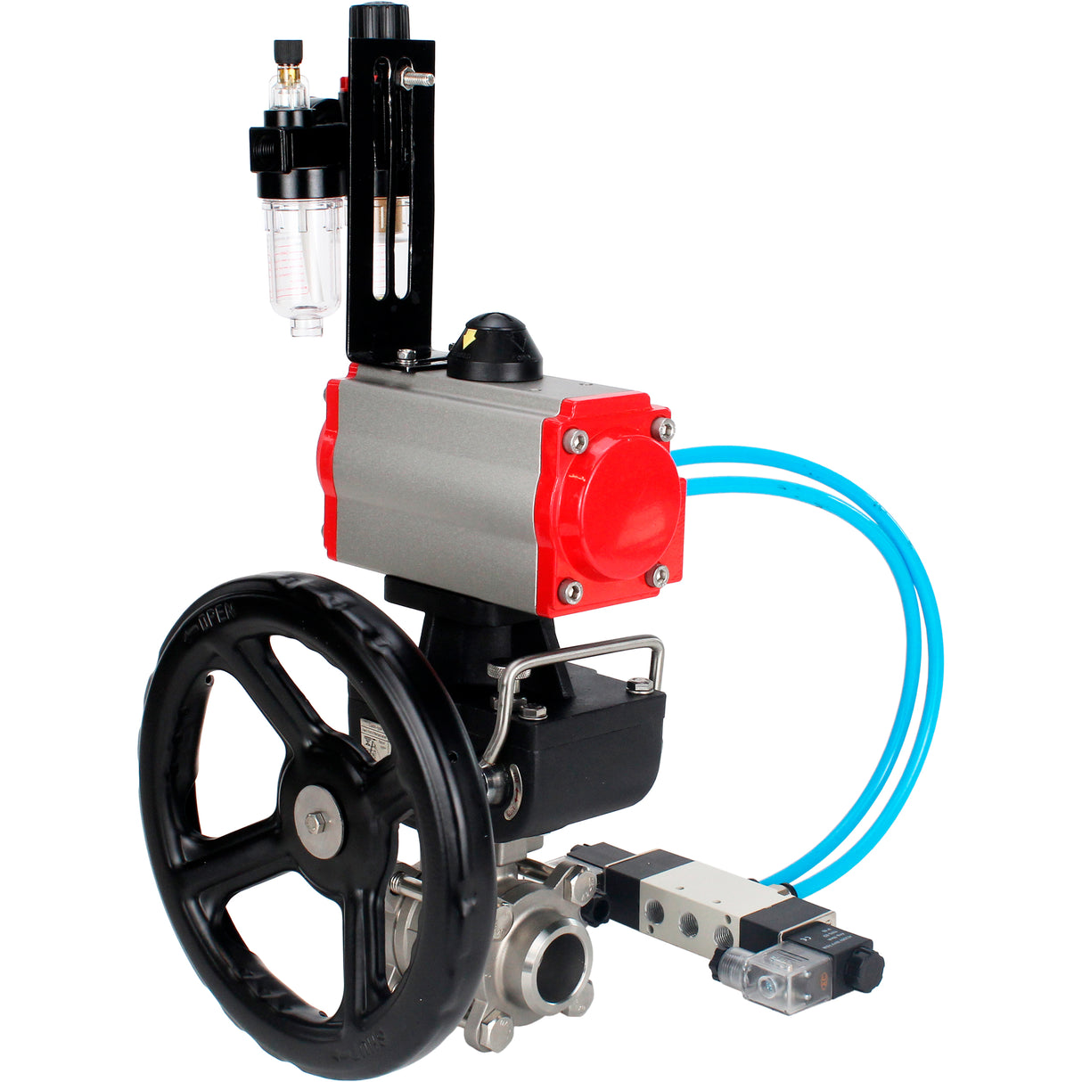 Kugelhähne Elephant BV3232P(3pc)-FP-W-ISO-H DN10-50 16 bar/40, Vollbohrung zum Schweißen, Edelstahl SS316, Dichtung - PTFE, mit doppeltwirkendem PA-DA Pneumatik-Antrieb, mit Pneumatikverteiler 4V320-08 220V, mit manuellem Doubler MON1-250-T26-ISO, mit po