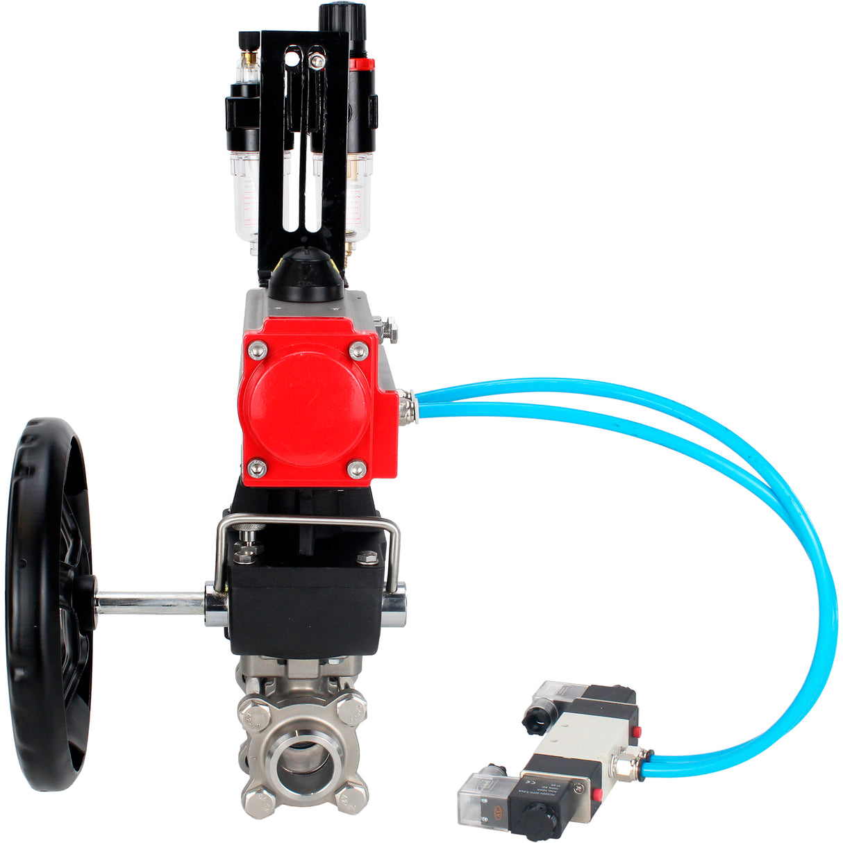 Kugelhähne Elephant BV3232P(3pc)-FP-W-ISO-H DN10-50 16 bar/40, Vollbohrung zum Schweißen, Edelstahl SS316, Dichtung - PTFE, mit doppeltwirkendem PA-DA Pneumatik-Antrieb, mit Pneumatikverteiler 4V320-08 220V, mit manuellem Doubler MON1-250-T26-ISO, mit po