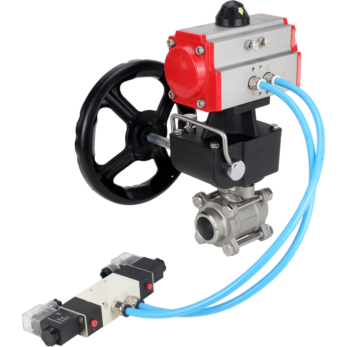 Kugelhähne Elephant BV3232P(3pc)-FP-W-ISO-H DN10-50 16 bar/40, Vollbohrung zum Schweißen, Edelstahl SS316, Dichtung - PTFE, mit doppeltwirkendem PA-DA Pneumatik-Antrieb, mit Pneumatikverteiler 4V320-08 220V, mit manuellem Doubler MON1-250-T26-ISO