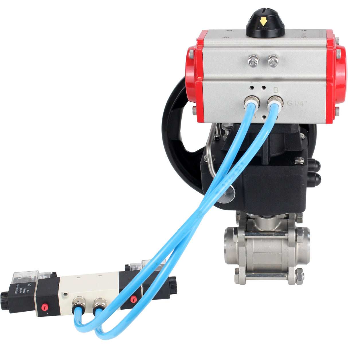 Kugelhähne Elephant BV3232P(3pc)-FP-W-ISO-H DN10-50 16 bar/40, Vollbohrung zum Schweißen, Edelstahl SS316, Dichtung - PTFE, mit doppeltwirkendem PA-DA Pneumatik-Antrieb, mit Pneumatikverteiler 4V320-08 220V, mit manuellem Doubler MON1-250-T26-ISO