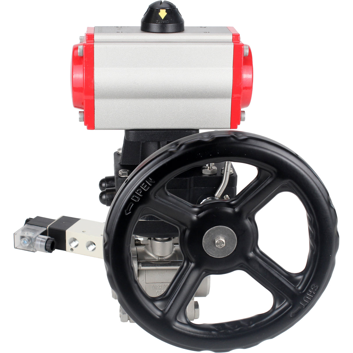 Kugelhähne Elephant BV3232P(3pc)-FP-W-ISO-H DN10-50 16 bar/40, Vollbohrung zum Schweißen, Edelstahl SS316, Dichtung - PTFE, mit doppeltwirkendem PA-DA Pneumatik-Antrieb, mit Pneumatikverteiler 4V320-08 220V, mit manuellem Doubler MON1-250-T26-ISO