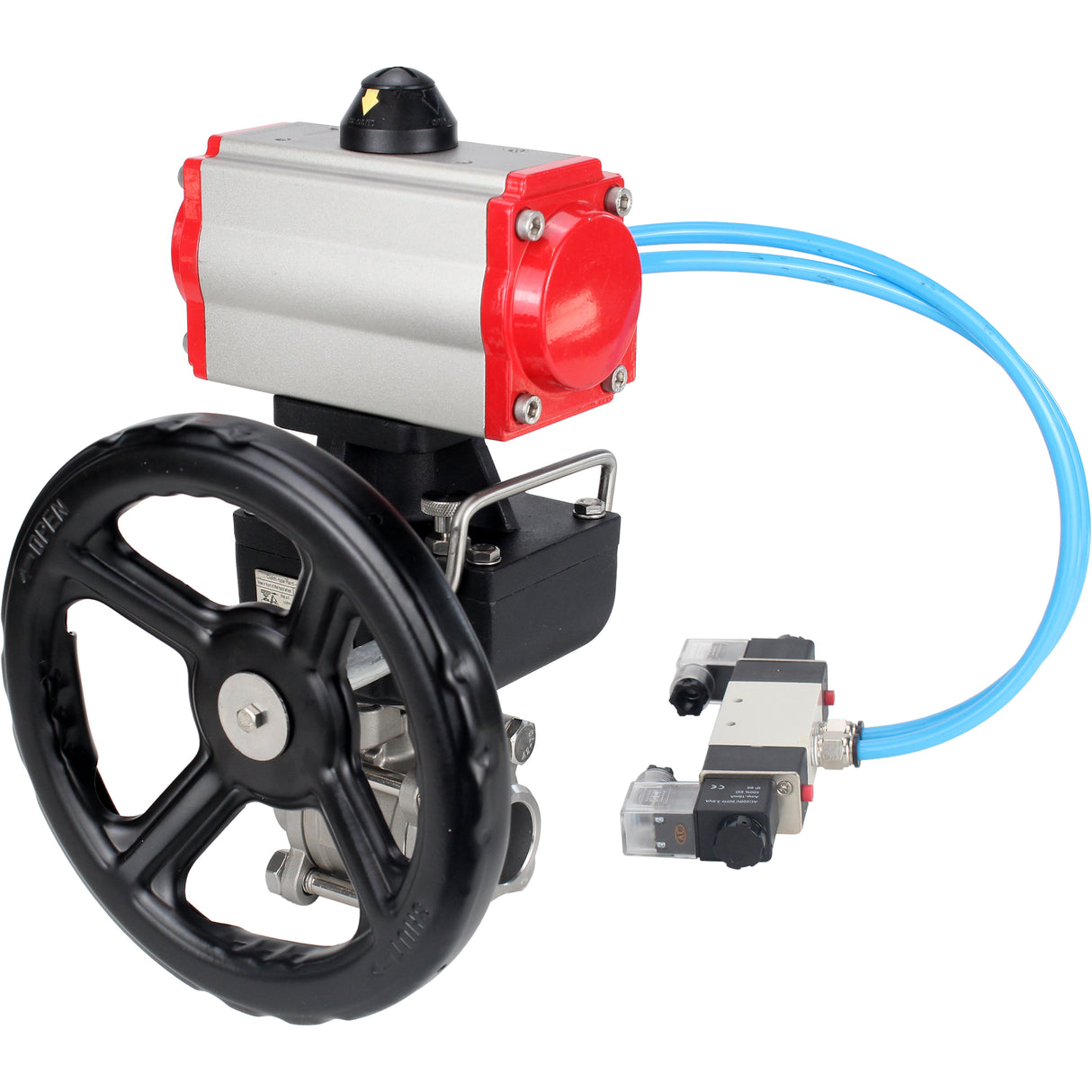 Kugelhähne Elephant BV3232P(3pc)-FP-W-ISO-H DN10-50 16 bar/40, Vollbohrung zum Schweißen, Edelstahl SS316, Dichtung - PTFE, mit doppeltwirkendem PA-DA Pneumatik-Antrieb, mit Pneumatikverteiler 4V320-08 220V, mit manuellem Doubler MON1-250-T26-ISO