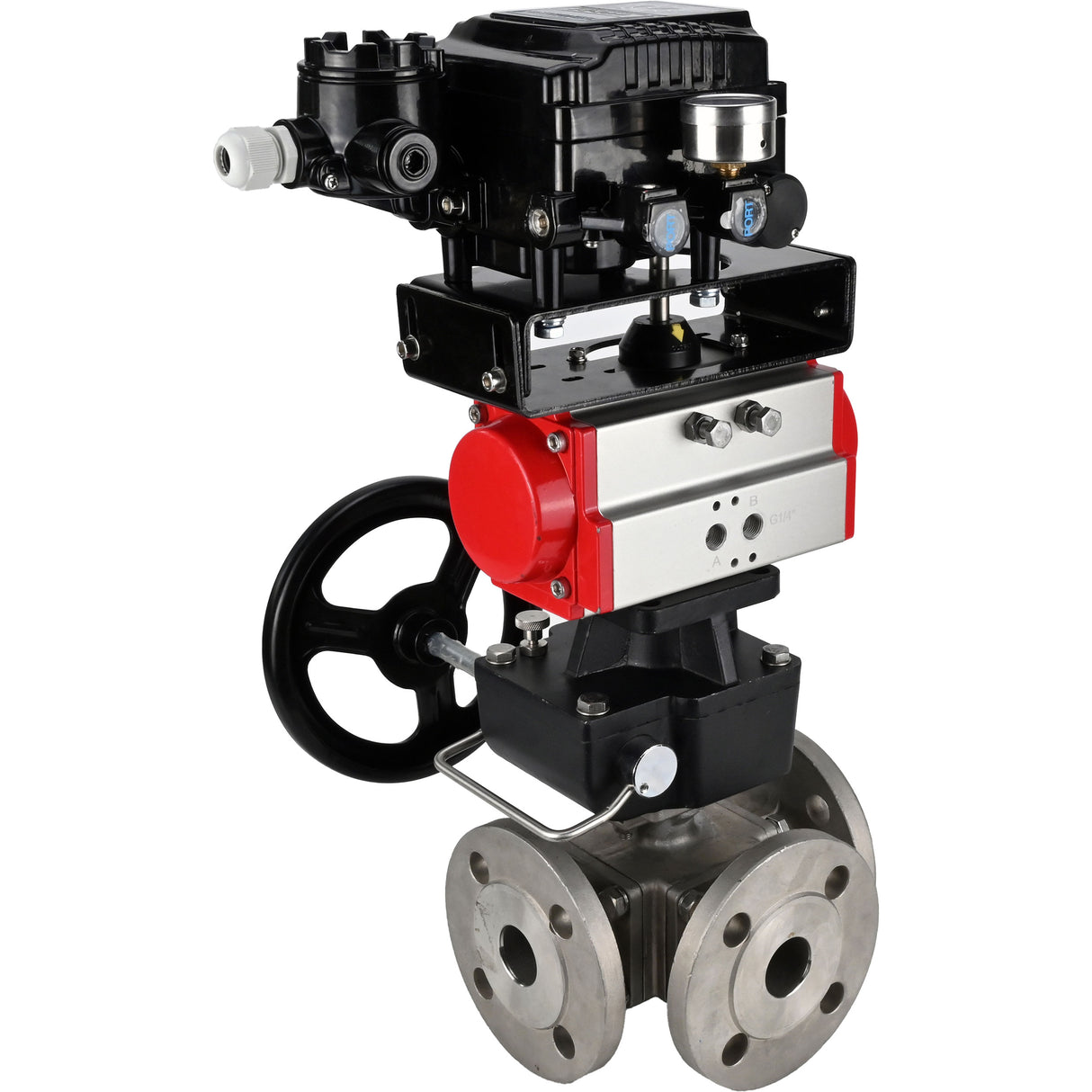 Ball valves Elephant BV3232P(4pc)-FP-3WL-F-ISO-H 16 bar full bore, flanged, body - stainless steel SS316, ISO flange F03/F04-F10/F12, square 9x9-19x19, with Mon/actuator PA-DA, pneumatic positioner YT-1000RSN with feedback and Doubler MON3-700-T38-