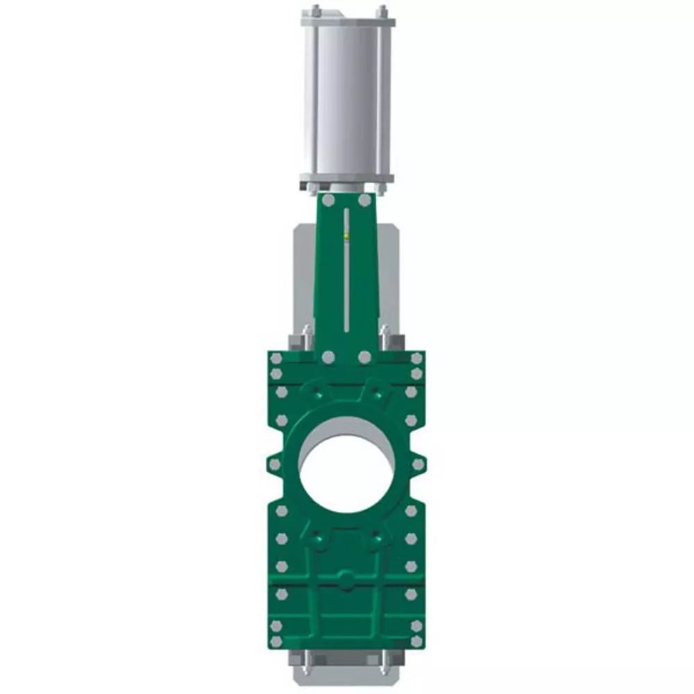 Plattenschieber mit durchgehender Schieberplatte Elephant GVKRT3431N-2W-Fb-2P, Gehäuse - Kohlenstoffstahl A216, Schieberplatte - Edelstahl AISI 304, Dichtung - NBR, pneumatischer Antrieb