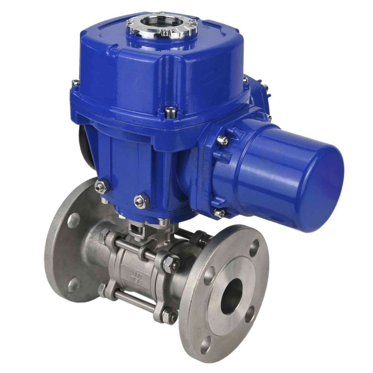 Edelstahl-Kugelhahn Elephant BVFPT.304.180 dreiteilig, Gehäusewerkstoff - Edelstahl SS304, Dichtung - PTFE, mit Flansch, voller Durchgang, elektrischer Schwenkantrieb Elephant QT-W (M) 220 V