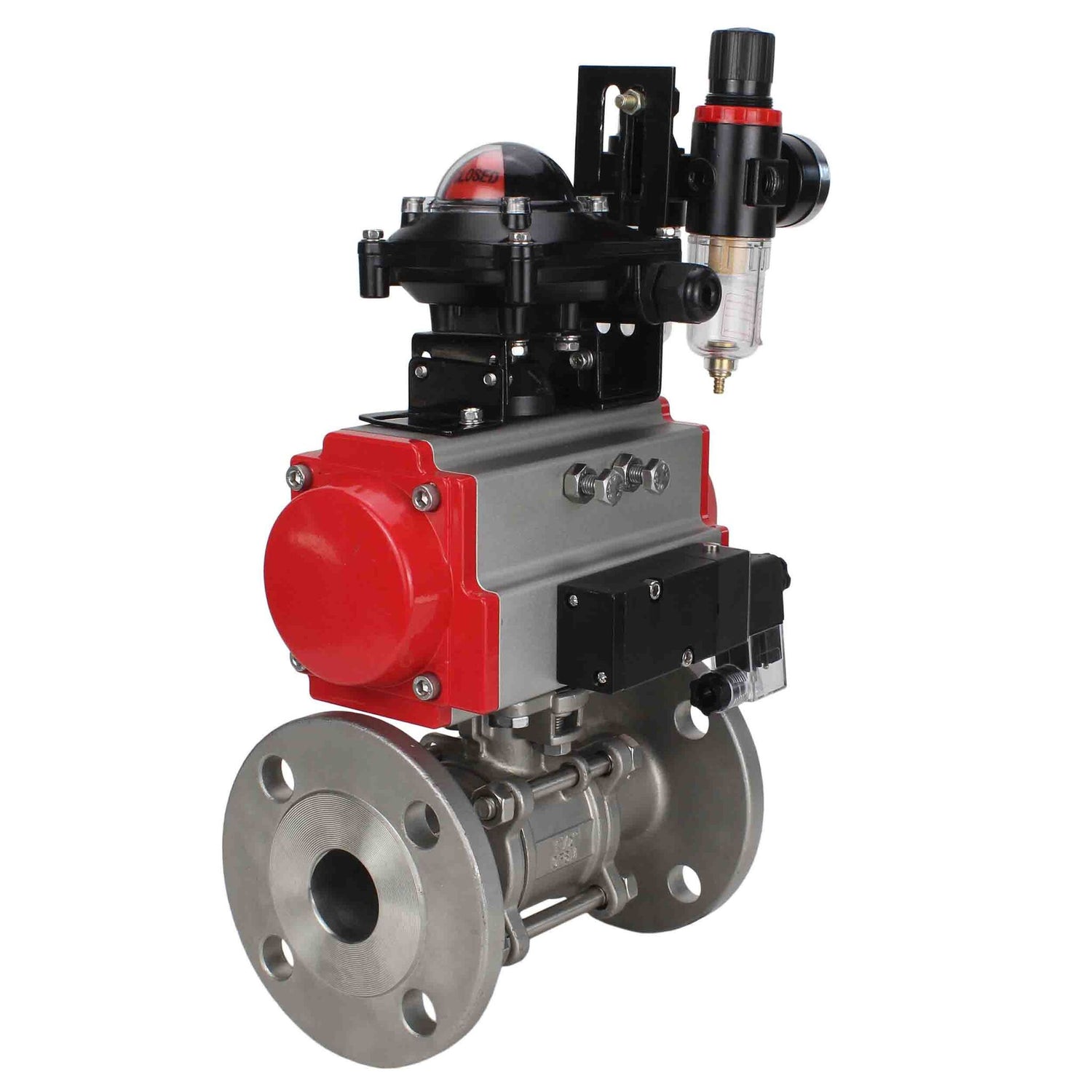 Kugelhahn aus Edelstahl Elephant ksfpt-304-180-da-4m310-24v-apl210n-afc2000, Gehäusematerial - Edelstahl AISI 304, Kugelmaterial - Edelstahl AISI 304, Dichtung - PTFE, pneumatisch betätigter Antrieb