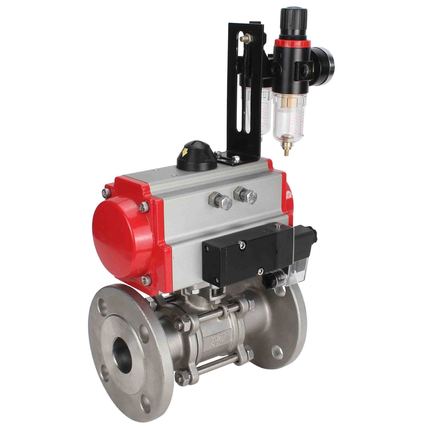 Kugelhahn aus Edelstahl Elephant ksfpt-304-180-da-4m310-24v-afc2000, Gehäusematerial - Edelstahl AISI 304, Kugelmaterial - Edelstahl AISI 304, Dichtung - PTFE, pneumatisch betätigter Antrieb