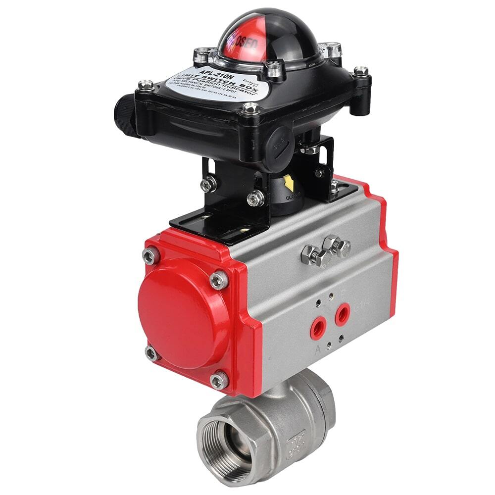 Edelstahl-Kugelhahn Elephant BVMP.316.230-ISO 914 PSI, mit Gewinde, voller Durchgang, Gehäusematerial - Edelstahl AISI 316, mit pneumatischem Antrieb mit Rückstellfedern Elephant SA, Endschalterblock APL-410N EX