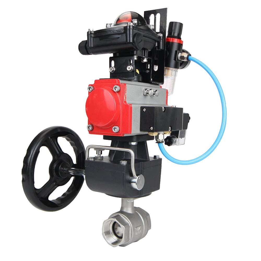 Kugelhahn aus Edelstahl Elephant BVMP.316.230-ISO 914 PSI, mit Gewinde, voller Durchgang, Gehäusematerial - Edelstahl AISI 316, mit doppeltwirkendem Pneumatikaktuator Elephant DA, Pneumatikverteiler 4M310-08 24V, Endschalterblock APL-410N EX, manuell