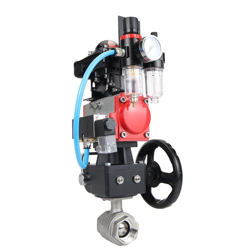 Kugelhahn aus Edelstahl Elephant BVMP.316.230-ISO 914 PSI, mit Gewinde, voller Durchgang, Gehäusematerial - Edelstahl AISI 316, mit doppeltwirkendem Pneumatikaktuator Elephant DA, Pneumatikverteiler 4M310-08 220V, Endschalterblock APL-410N EX, manuell