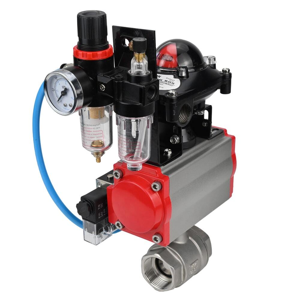 Edelstahl-Kugelhahn Elephant BVMP.316.230-ISO 914 PSI, mit Gewinde, voller Durchgang, Gehäusematerial - Edelstahl AISI 316, mit doppeltwirkendem pneumatischem Antrieb Elephant DA, pneumatischer Verteiler 4M310-08 220V, Endschalterblock APL-410N EX, Luft