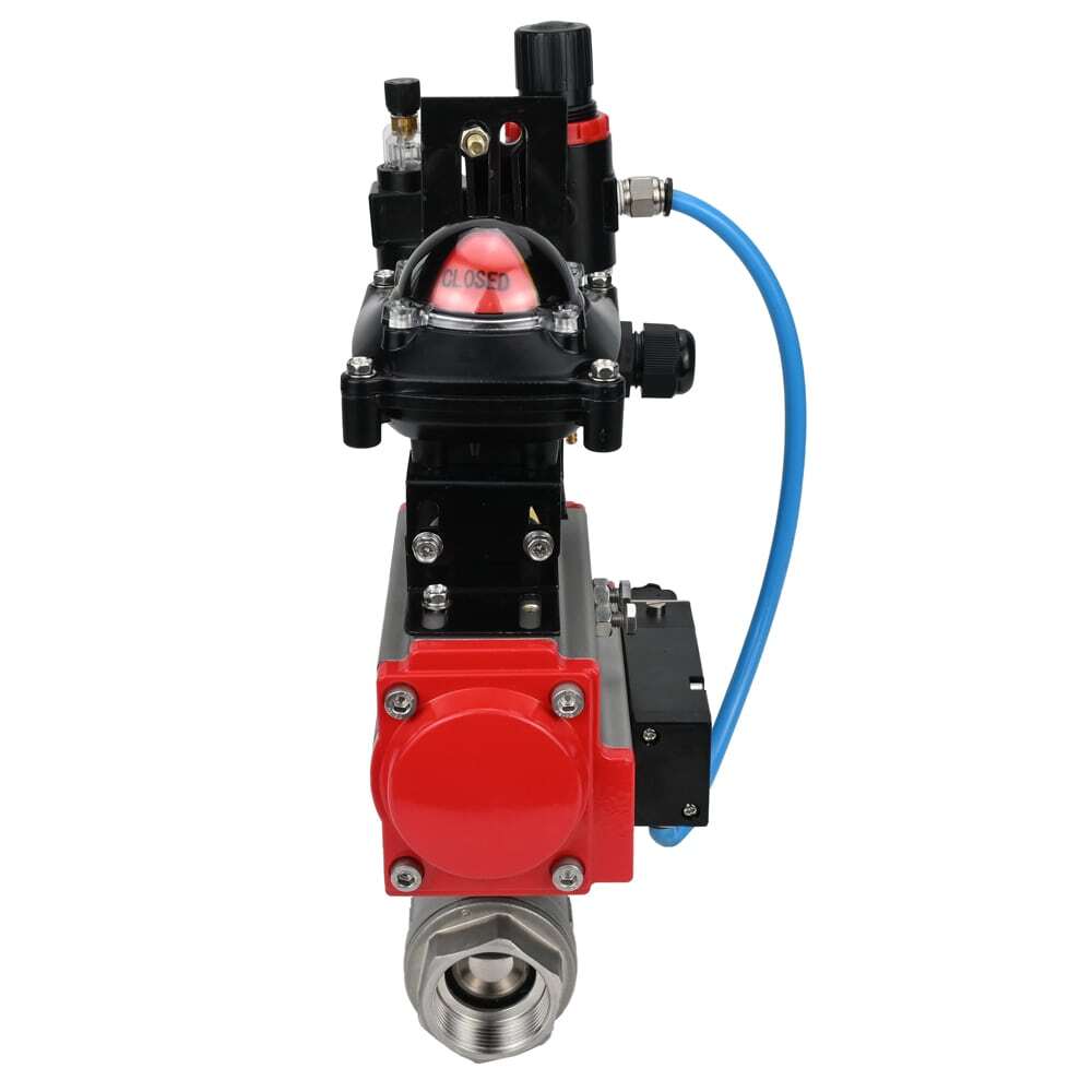 Edelstahl-Kugelhahn Elephant BVMP.316.230-ISO 914 PSI, mit Gewinde, voller Durchgang, Gehäusematerial - Edelstahl AISI 316, mit pneumatischem Antrieb mit Rückstellfedern Elephant SA, pneumatischer Verteiler 4M310-08 24V, Endschalterblock APL-410N EX, Luft