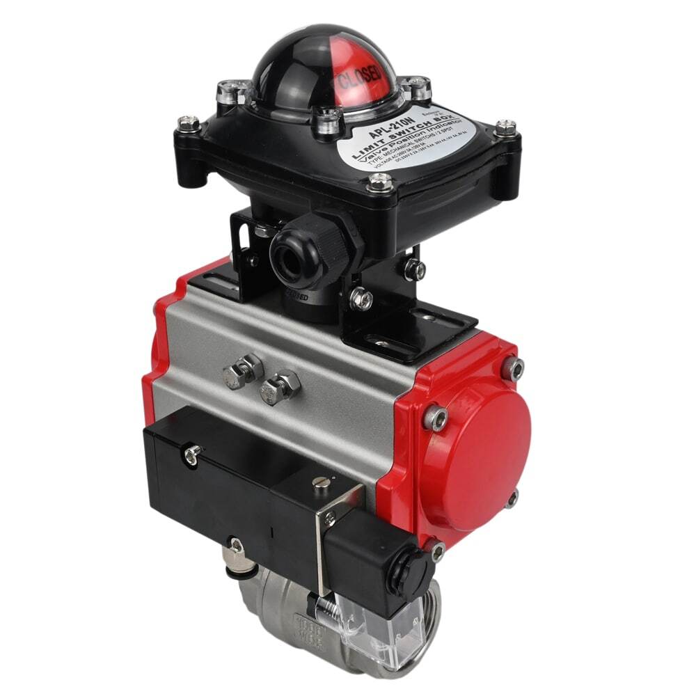 Edelstahl-Kugelhahn Elephant BVMP.316.230-ISO 914 PSI, mit Gewinde, voller Durchgang, Gehäusematerial - Edelstahl AISI 316, mit doppeltwirkendem pneumatischem Antrieb Elephant DA, pneumatischem Verteiler 4M310-08 24V, Endschalterblock APL-410N EX