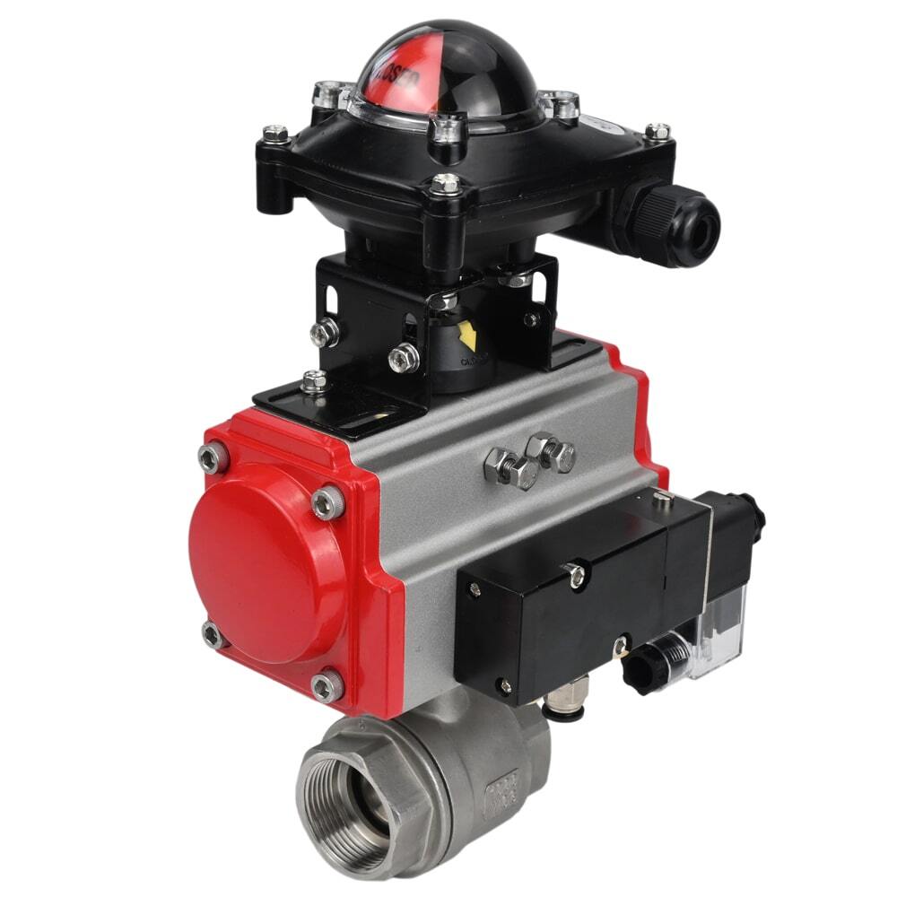 Edelstahl-Kugelhahn Elephant BVMP.316.230-ISO 914 PSI, mit Gewinde, voller Durchgang, Gehäusematerial - Edelstahl AISI 316, mit doppeltwirkendem pneumatischem Antrieb Elephant DA, pneumatischem Verteiler 4M310-08 24V, Endschalterblock APL-410N EX