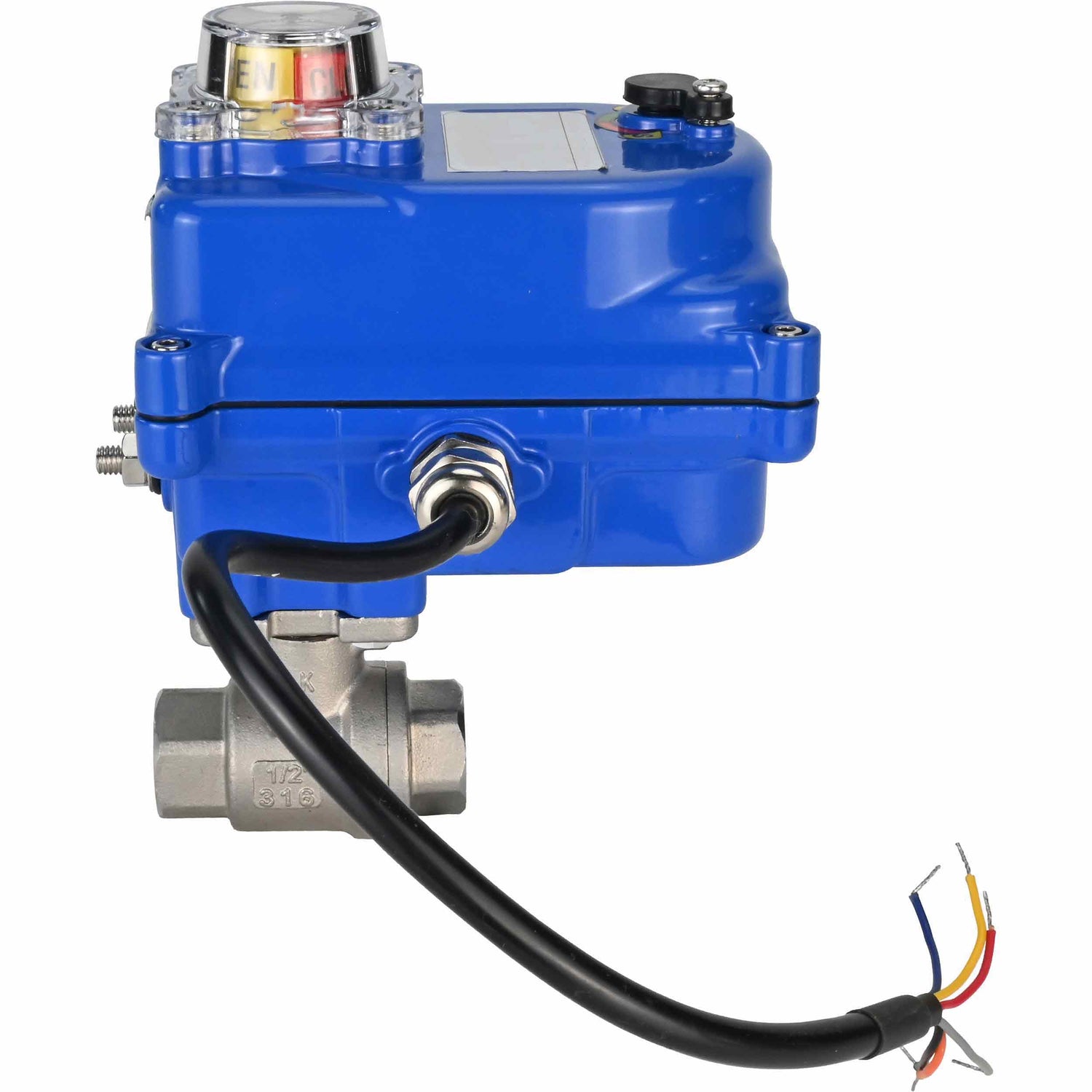 Edelstahl-Kugelhahn Elephant BVMP.316.230-ISO PSI914 SS316 mit Gewinde, Vierteldrehung Elektroantrieb Elephant 003 blau 24 V