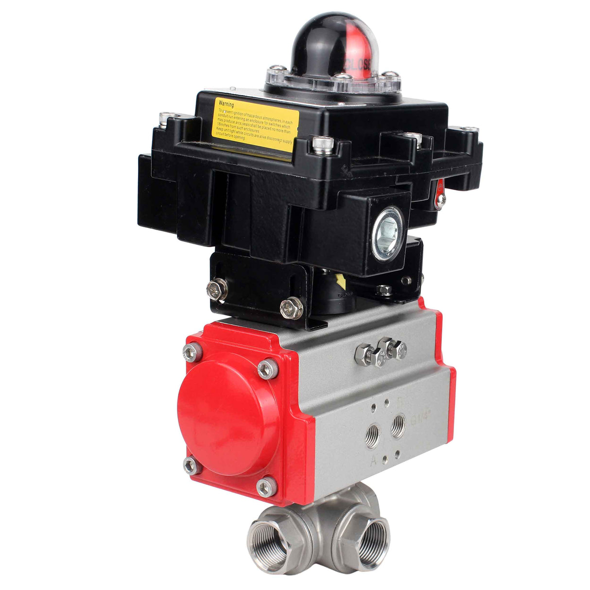 Edelstahl 3-Wege-Kugelhähne L-Typ Standardbohrung Elephant BV3232P-SP-3WL-T-ISO 16 bar, Kupplung mit ISO-Flansch mit pneumatischen Antrieben Elephant PA-SA-1 und LSU APL-410N EX