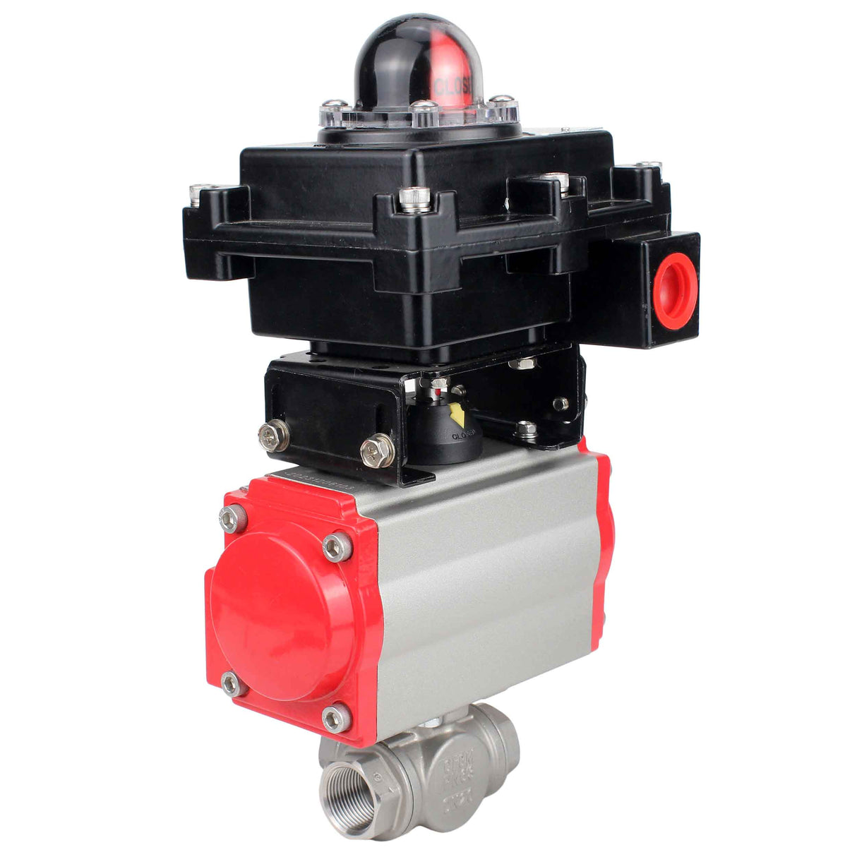 Edelstahl-Kugelhahn Elephant RP.SS316.200.MM.ISO 914 PSI mit Gewinde, Standardanschluss, Dreiweg, L-Typ, Gehäusematerial - Edelstahl AISI 316, pneumatischer Antrieb DA, Endschalterblock APL-410N EX