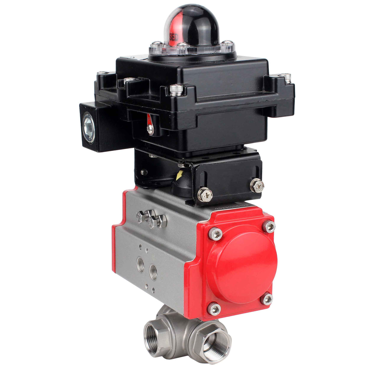 Edelstahl 3-Wege-Kugelhähne L-Typ Standardbohrung Elephant BV3232P-SP-3WL-T-ISO 16 bar, Kupplung mit ISO-Flansch mit pneumatischen Antrieben Elephant PA-SA-1 und LSU APL-410N EX