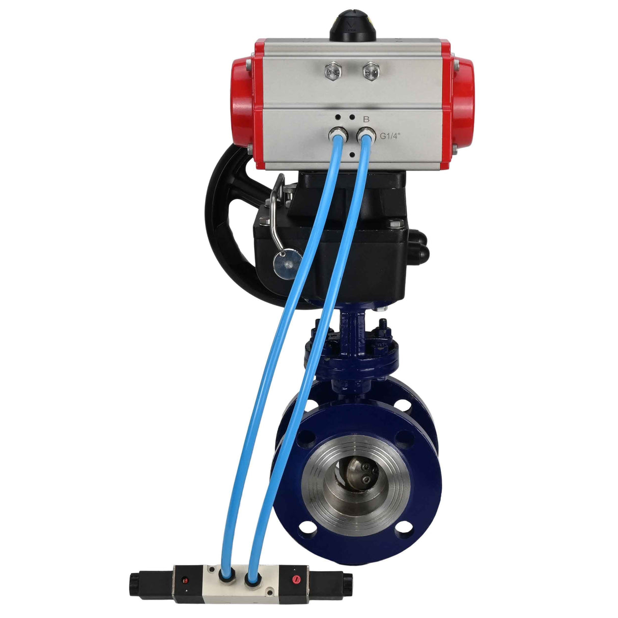 Wasser-Schmetterlingsventil Elephant WBV3EX-3431M-1W-F-ISO, Gehäusematerial - Kohlenstoffstahl, Scheibenmaterial - Edelstahl AISI 304, Dichtung - Metall, pneumatischer Antrieb PA-DA Doppelwirkung, 4V320-08 220V Handrad MON,