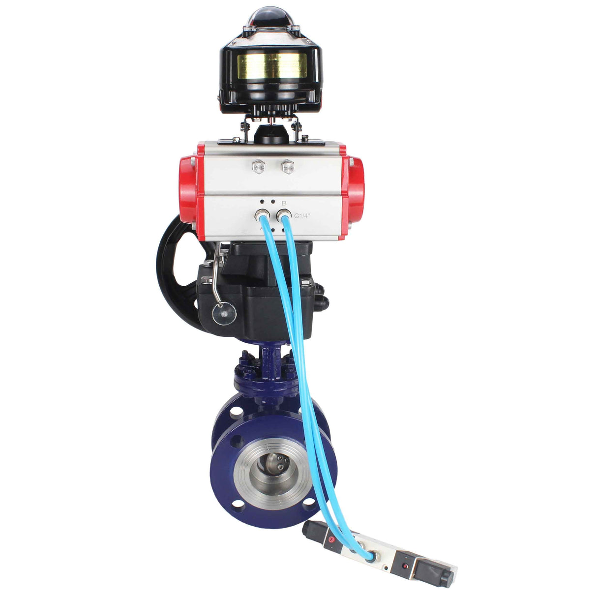 Wasser-Schmetterlingsventil Elephant WBV3EX-3432M-1W-F-ISO, Gehäusematerial - Kohlenstoffstahl, Scheibenmaterial - Edelstahl AISI 316, Dichtung - Metall, pneumatischer Antrieb PA-DA Doppelwirkung, 4V320-10 220V, LSU APL-510N EX, Handrad MON