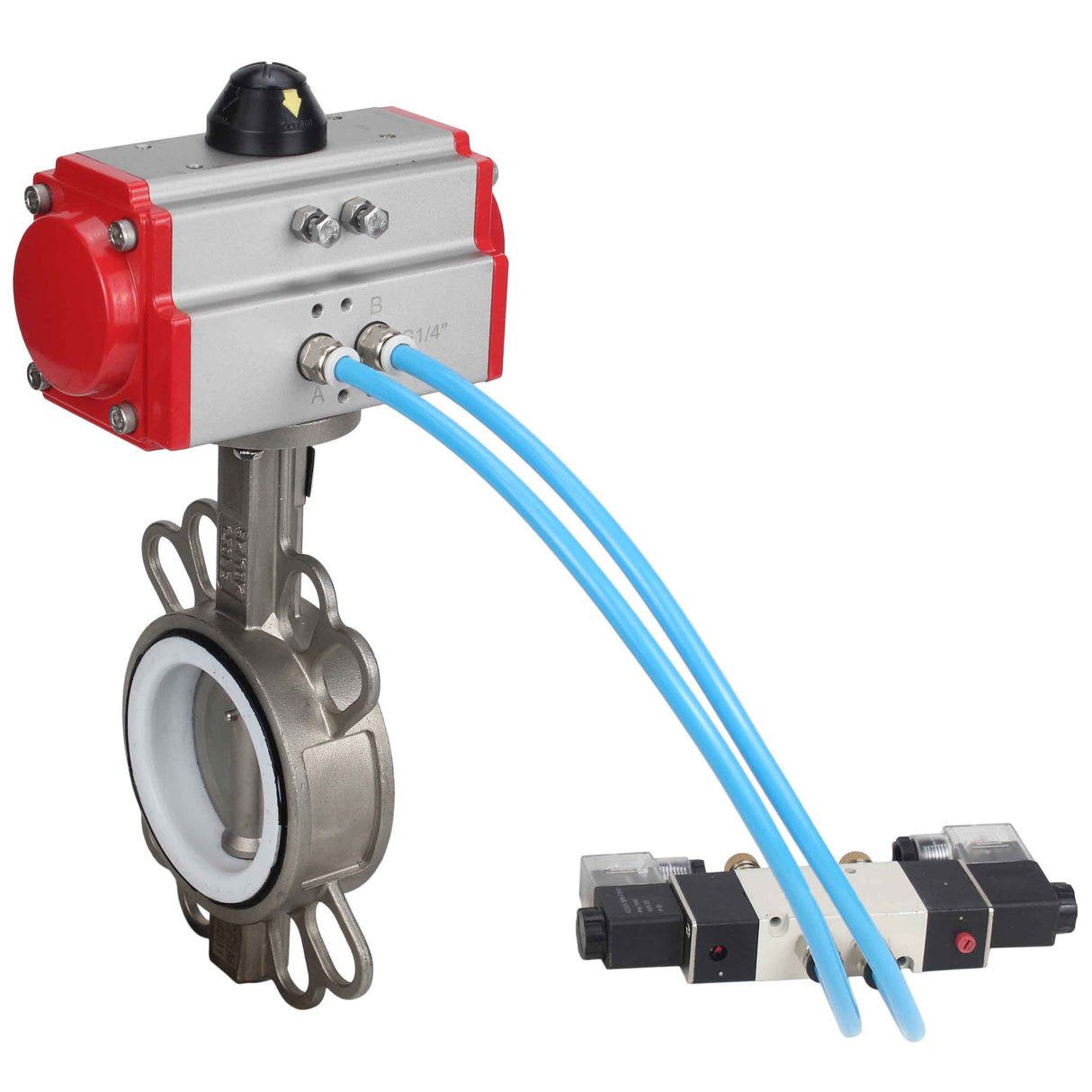 Water Butterfly Valve Elephant WBV3131P-2W-Fb-H, Gehäusematerial - Edelstahl AISI 304, Scheibenmaterial - Edelstahl AISI 304, Dichtung - PTFE, pneumatischer Antrieb PA-SA mit Rückstellfedern, 4V320-08 220V