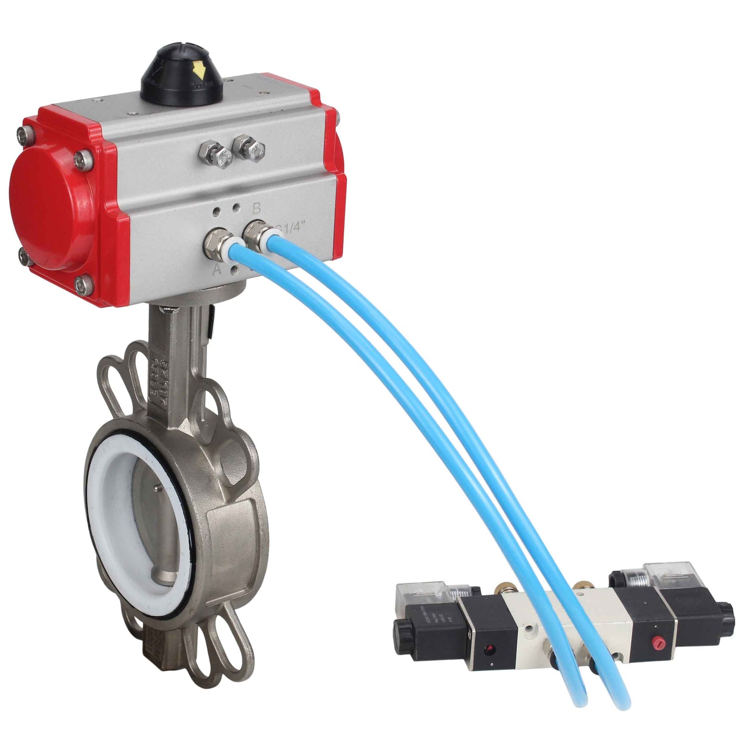 Water Butterfly Valve Elephant WBV3131P-2W-Fb-H, Gehäusematerial - Edelstahl AISI 304, Scheibenmaterial - Edelstahl AISI 304, Dichtung - PTFE, pneumatischer Antrieb PA-DA Doppelwirkung, 4V320-08 220V