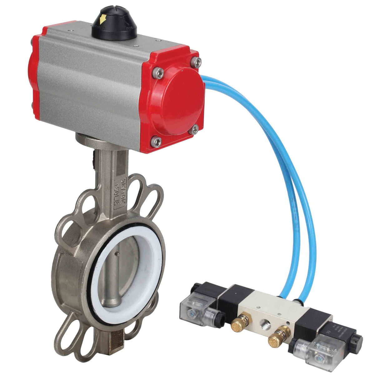 Water Butterfly Valve Elephant WBV3131P-2W-Fb-H, Gehäusematerial - Edelstahl AISI 304, Scheibenmaterial - Edelstahl AISI 304, Dichtung - PTFE, pneumatischer Antrieb PA-SA mit Rückstellfedern, 4V320-08 220V