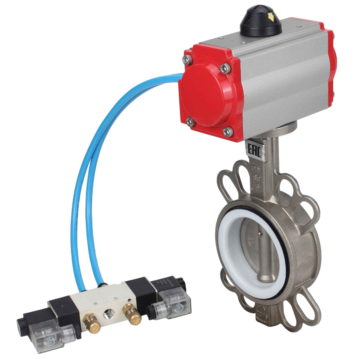 Water Butterfly Valve Elephant WBV3131P-2W-Fb-H, Gehäusematerial - Edelstahl AISI 304, Scheibenmaterial - Edelstahl AISI 304, Dichtung - PTFE, pneumatischer Antrieb PA-SA mit Rückstellfedern, 4V320-08 220V