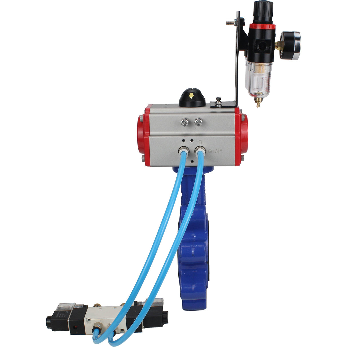 Wasser-Schmetterlingsventil Elephant WBV1616E-2W-Fb-H, Gehäusematerial - Gusseisen QT450, Scheibenmaterial - Gusseisen QT450, Dichtung - EPDM, pneumatischer Antrieb PA-SA mit Rückstellfedern, 4V320-10 220V ATU AFC2000