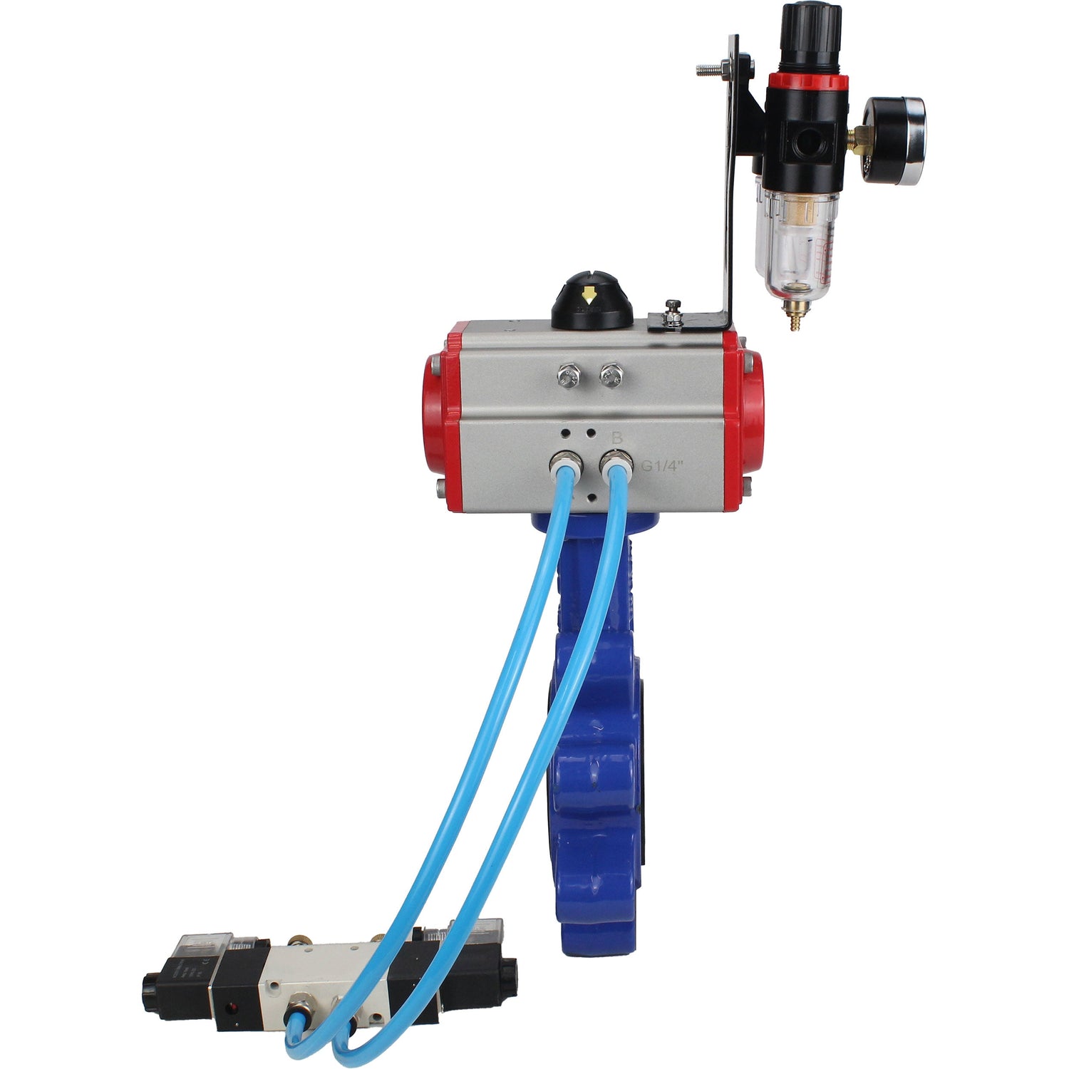 Wasser-Schmetterlingsventil Elephant WBV1616E-2W-Fb-H, Gehäusematerial - Gusseisen QT450, Scheibenmaterial - Gusseisen QT450, Dichtung - EPDM, mit pneumatischem Doppelwirkungsantrieb PA-DA, 4V320-08 220V, ATU AFC2000