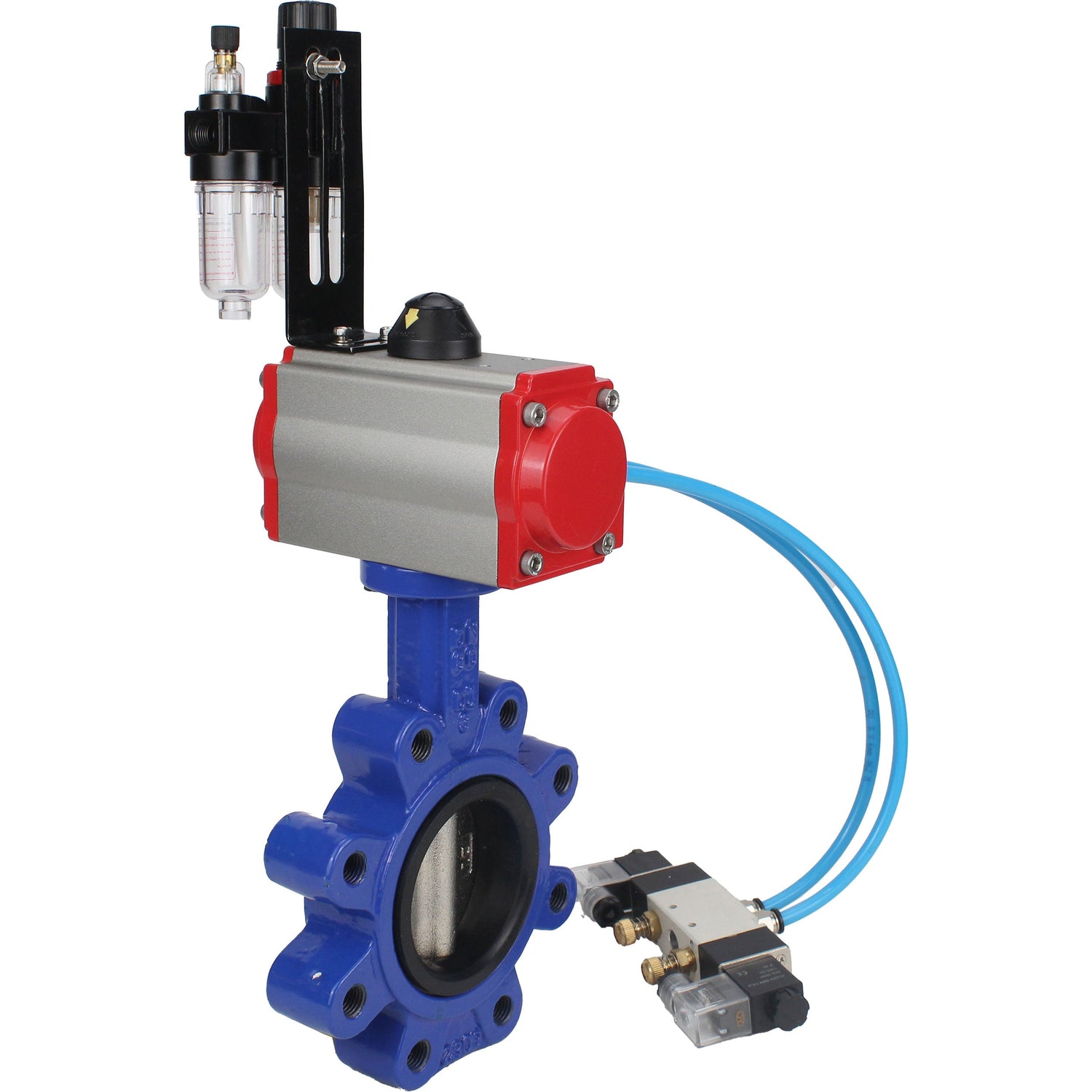 Wasser-Schmetterlingsventil Elephant WBV1616N-2W-Fb-H, Gehäusematerial - Gusseisen QT450, Scheibenmaterial - Gusseisen QT450, Dichtung - NBR, mit pneumatischem Doppelwirkungsantrieb PA-DA, 4V320-10 220V, ATU AFC2000