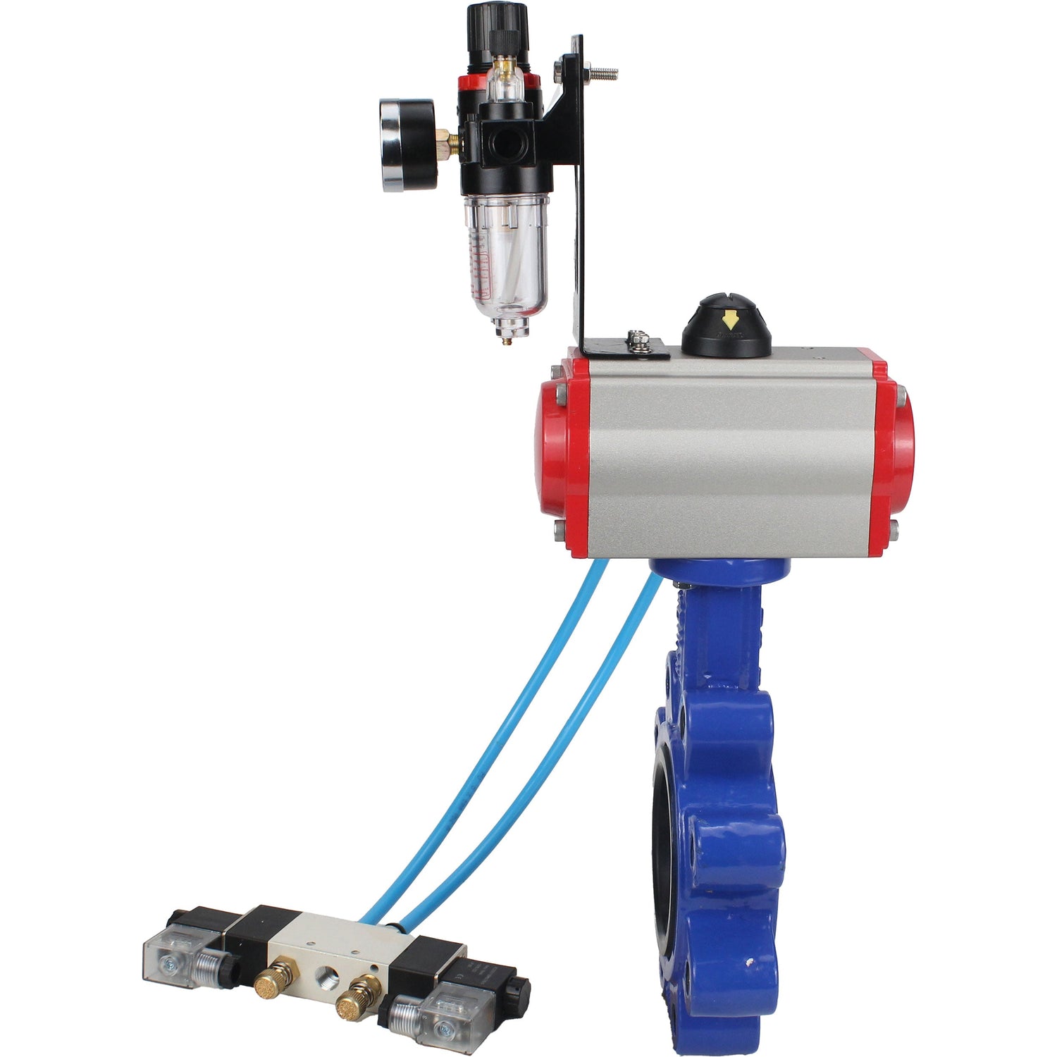 Wasser-Schmetterlingsventil Elephant WBV1616N-2W-Fb-H, Gehäusematerial - Gusseisen QT450, Scheibenmaterial - Gusseisen QT450, Dichtung - NBR, mit pneumatischem Doppelwirkungsantrieb PA-DA, 4V320-10 220V, ATU AFC2000