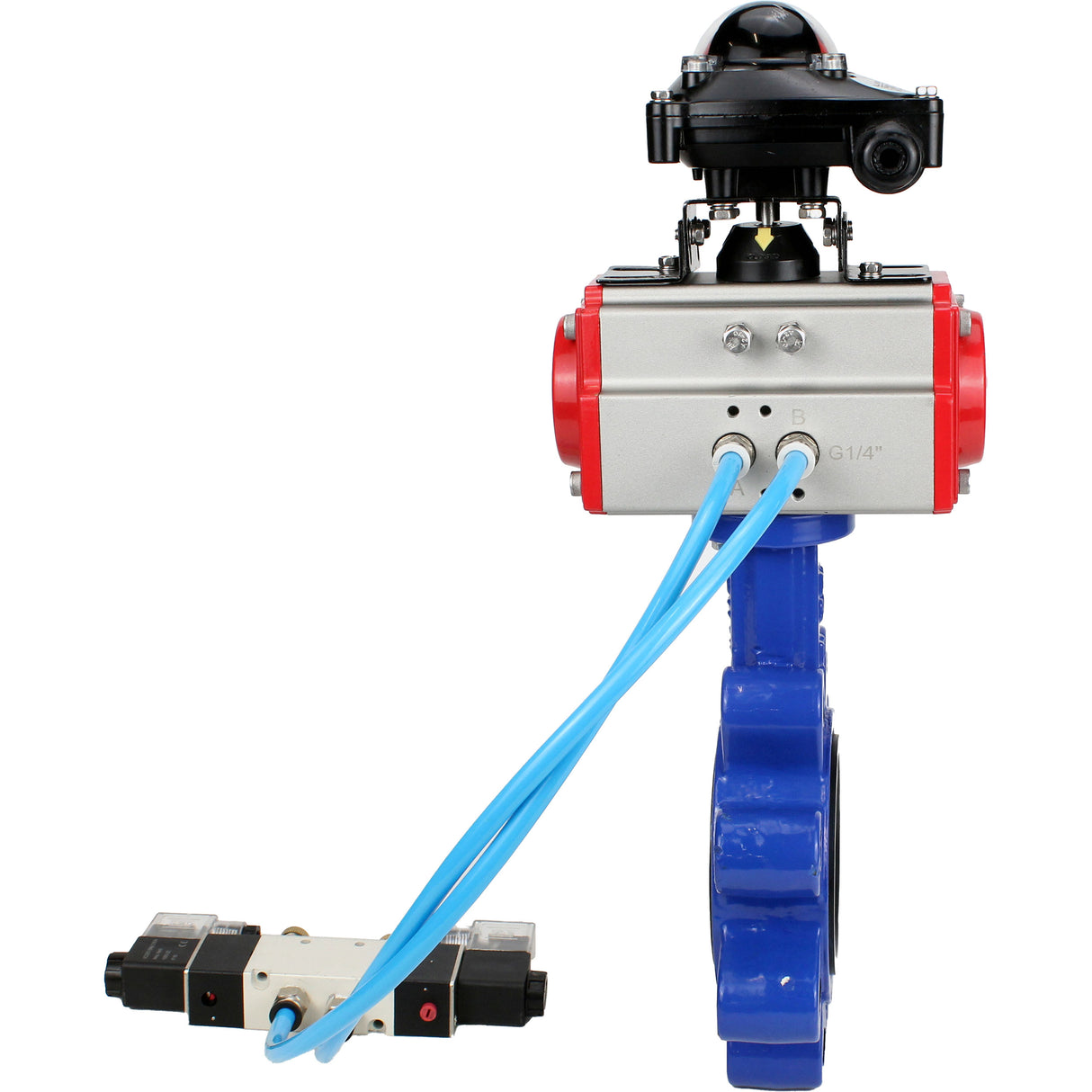 Wasser-Schmetterlingsventil Elephant WBV1616N-2W-Fb-H, Gehäusematerial - Gusseisen QT450, Scheibenmaterial - Gusseisen QT450, Dichtung - NBR, pneumatischer Antrieb PA-DA Doppelwirkung, 4V320-10 220V, LSU APL-210N