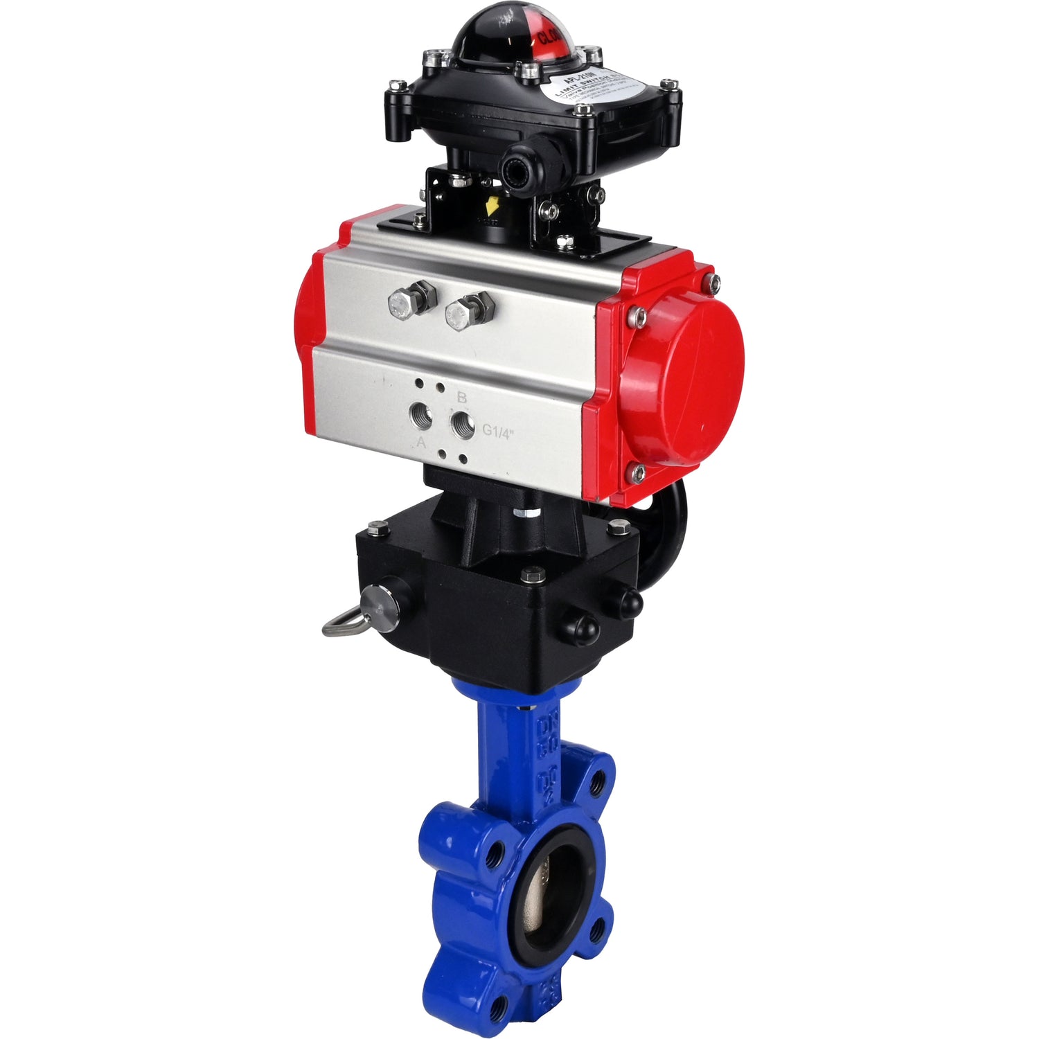 Wasser-Schmetterlingsventil Elephant WBV1616N-2W-Fb-H, Gehäusematerial - Gusseisen QT450, Scheibenmaterial - Gusseisen QT450, Dichtung - NBR, mit pneumatischem Doppelwirkungsantrieb PA-DA, Handrad MON, LSU APL-210N