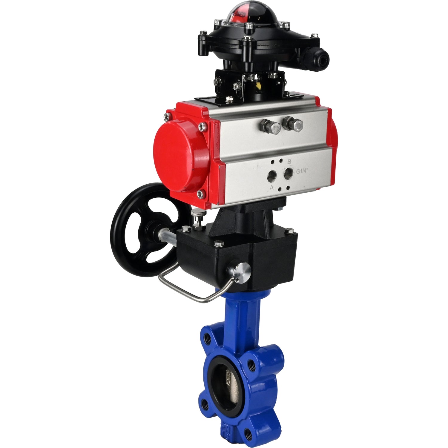 Wasser-Schmetterlingsventil Elephant WBV1616N-2W-Fb-H, Gehäusematerial - Gusseisen QT450, Scheibenmaterial - Gusseisen QT450, Dichtung - NBR, mit pneumatischem Doppelwirkungsantrieb PA-DA, Handrad MON, LSU APL-210N