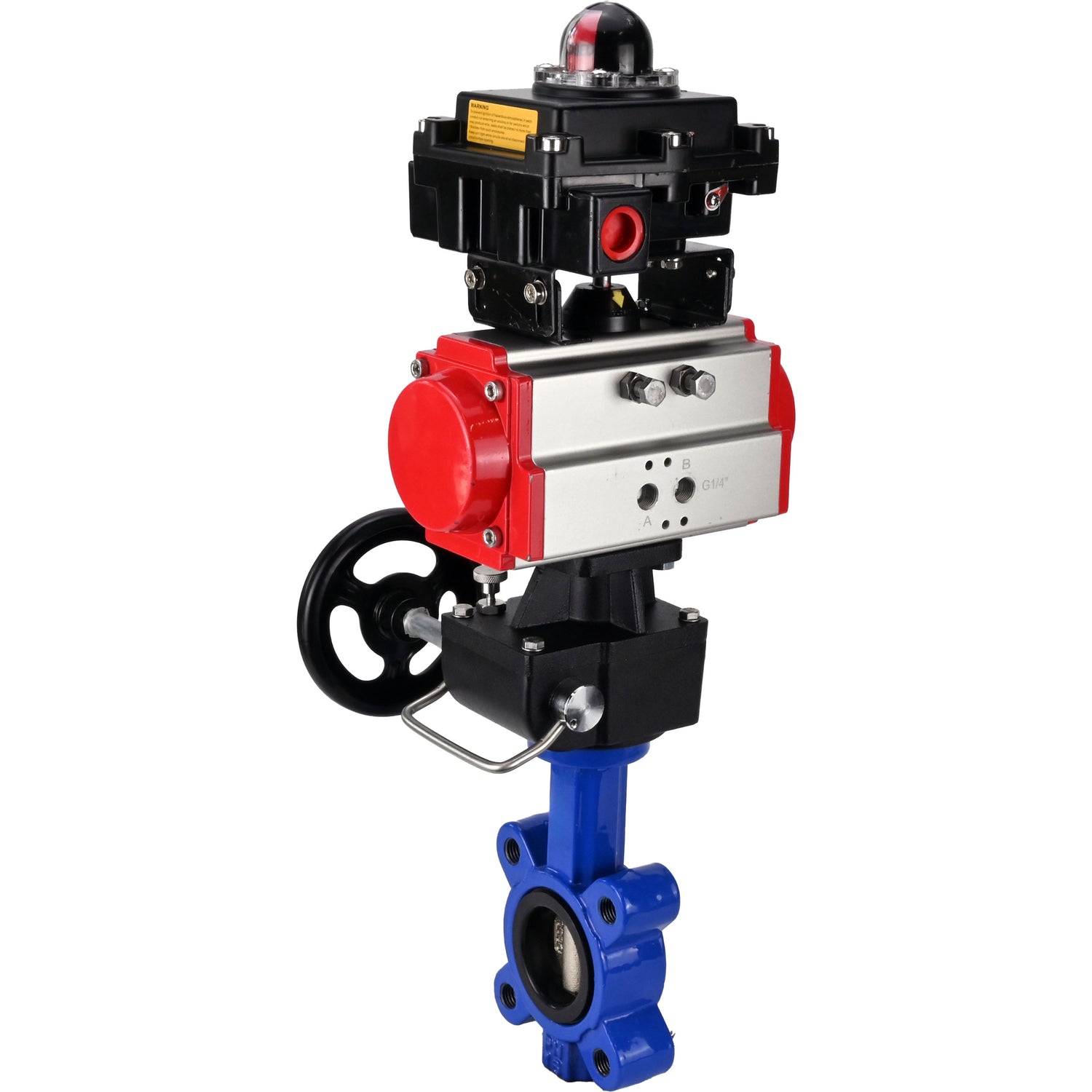 Wasser-Schmetterlingsventil Elephant WBV1616N-2W-Fb-H, Gehäusematerial - Gusseisen QT450, Scheibenmaterial - Gusseisen QT450, Dichtung - NBR, mit pneumatischem Doppelwirkungsantrieb PA-DA, Handrad MON, LSU APL-410N EX