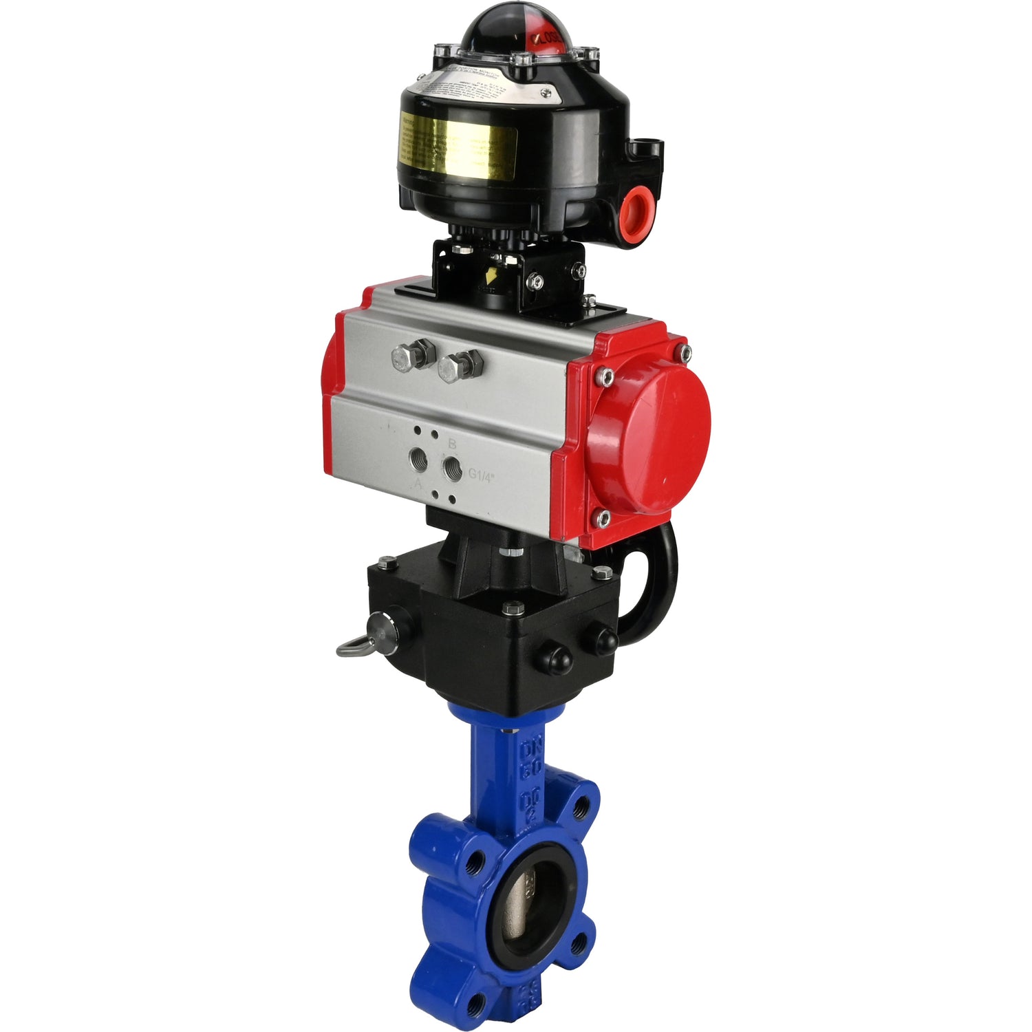 Wasser-Schmetterlingsventil Elephant WBV1616N-2W-Fb-H, Gehäusematerial - Gusseisen QT450, Scheibenmaterial - Gusseisen QT450, Dichtung - NBR, mit pneumatischem Doppelwirkungsantrieb PA-DA, Handrad MON, LSU APL-510N EX